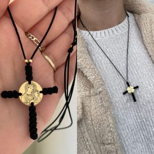 Lanț șnur ,cruce din Metanie ,Bănuț 15 mm și 4 bile
